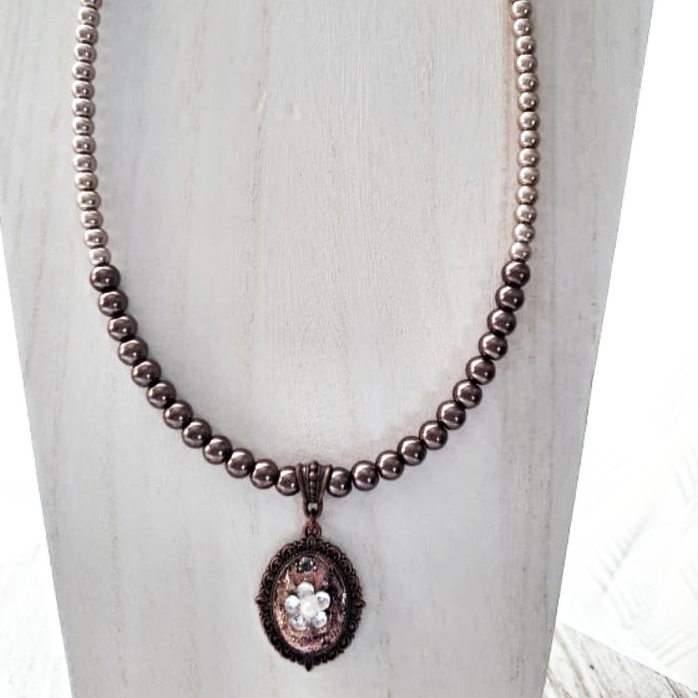 Medley brown glass pearl necklace handmade pendant